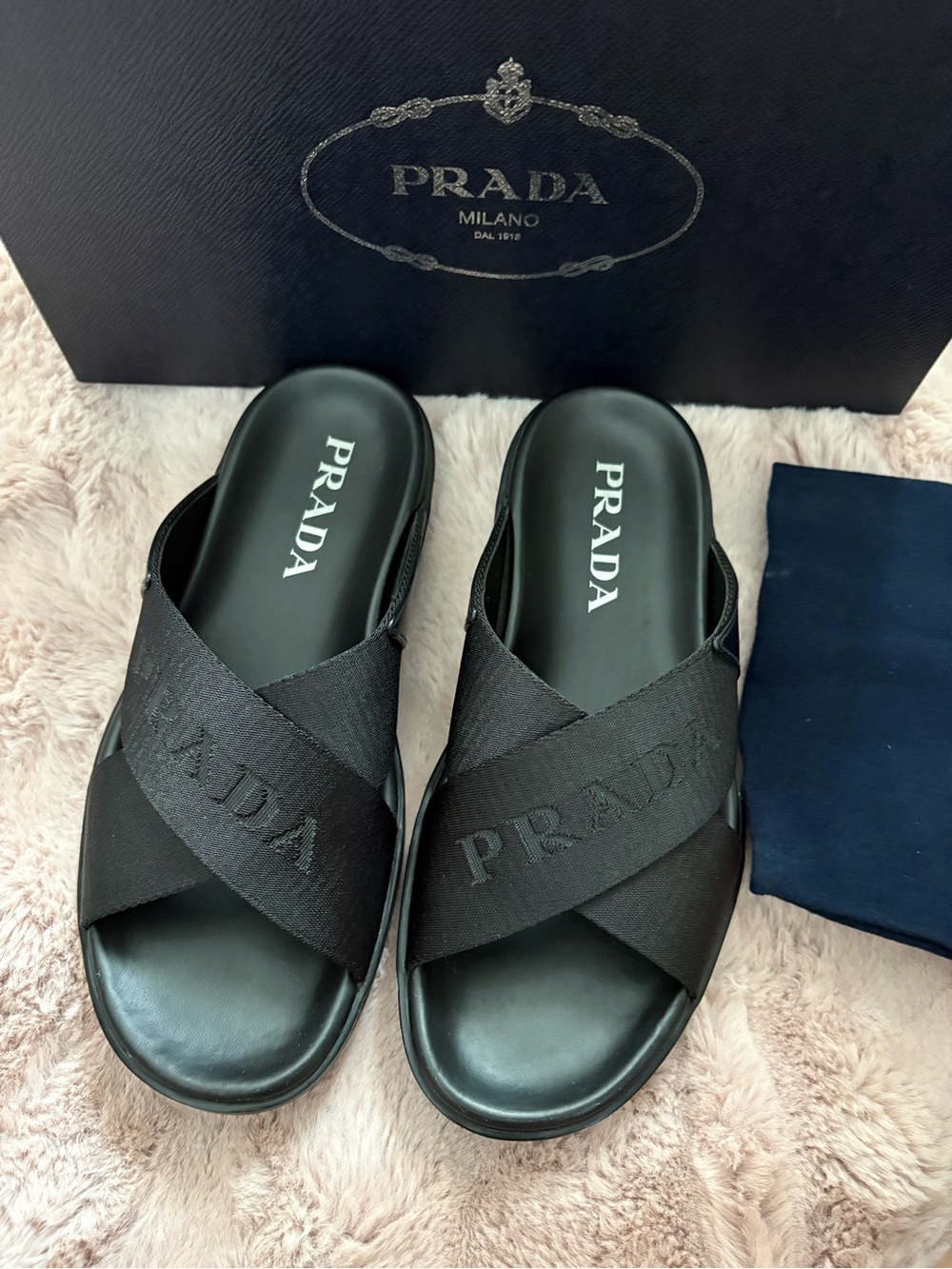 Prada Black Cross-Band Logo Slides for Men